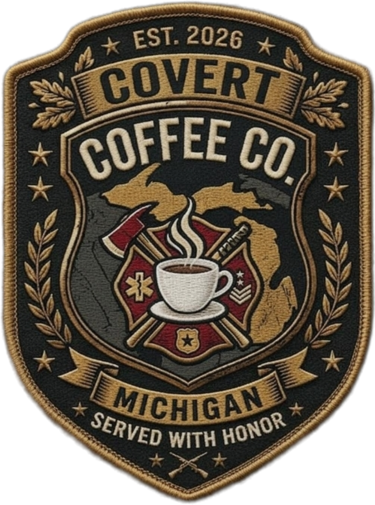 Covert Coffee Co. patch with coffee cup, Michigan map, and text on a black background