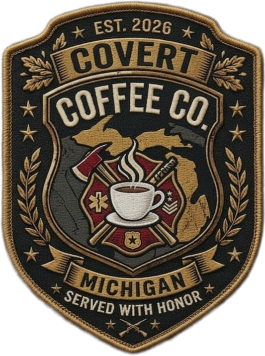 Covert Coffee Co. patch with coffee cup, Michigan map, and text on a black background